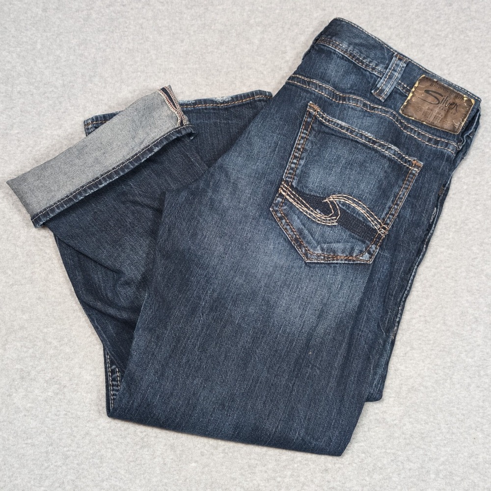 Silver ZAC Jeans Mens 39x29 Relaxed Fit Straight Leg Distressed
